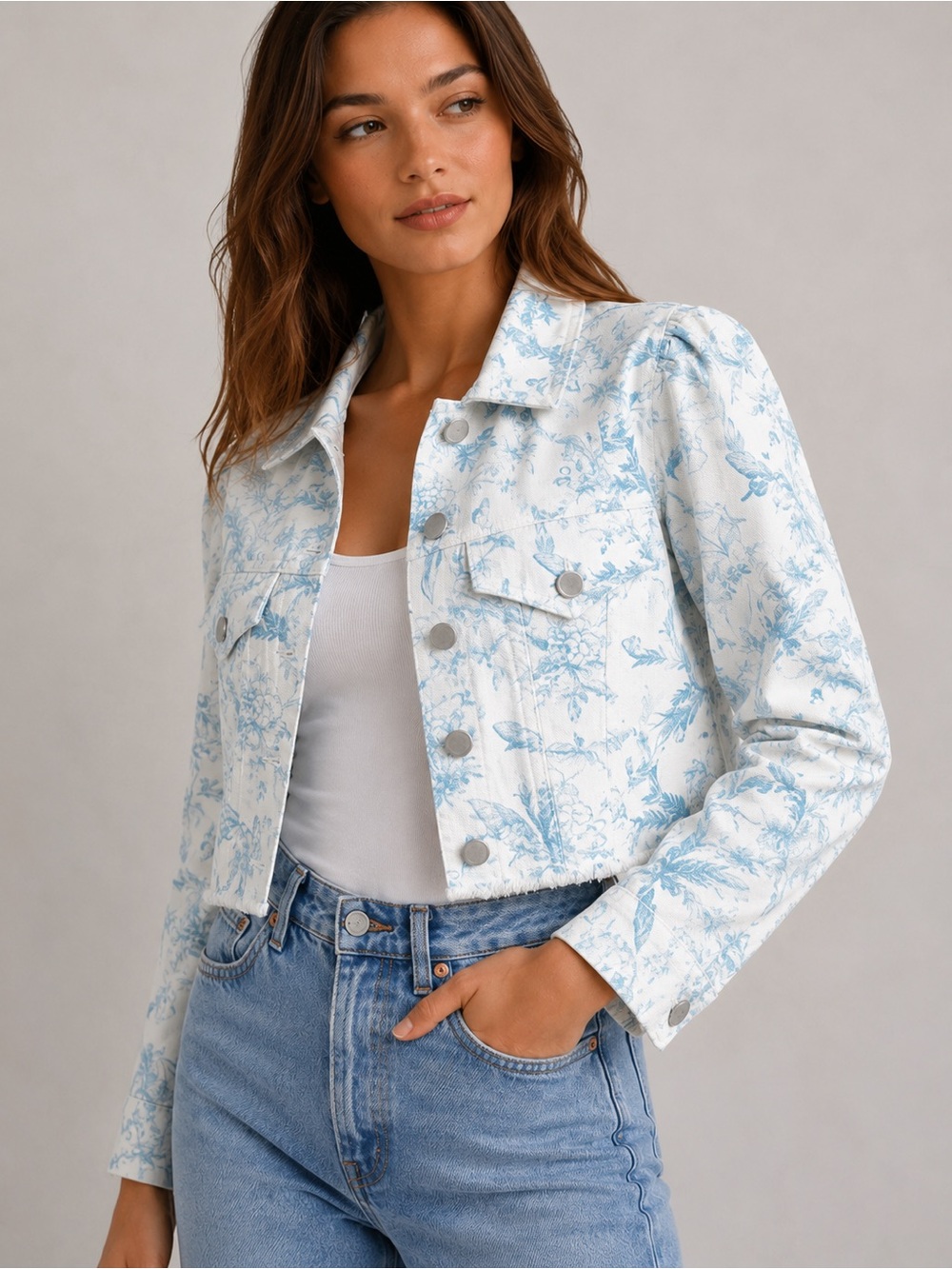 Light Blue Printed Cropped Denim Jacket